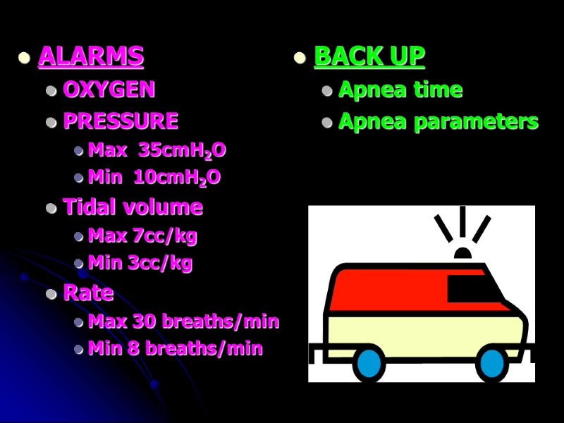 ALARMS OXYGEN PRESSURE Max  35cmH2O Min  10cmH2O Tidal volume Max 7cc/kg Min